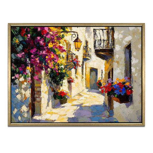 Vintage Floral Alley Wall Canvas Painting For Cafe Decor