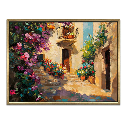 Vintage Floral Alley Wall Canvas Painting For Cafe Decoration