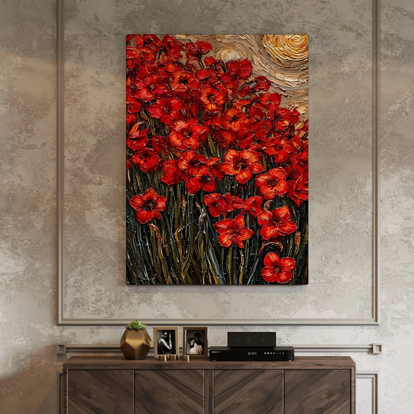 Red Floral Canvas Wall Painting For Hotel