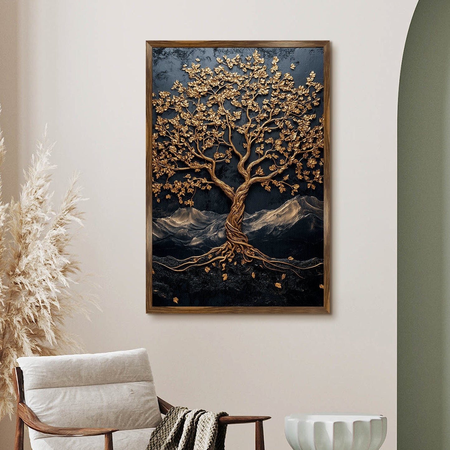 Abstract Golden Lucky Wish Tree Vastu Canvas Painting