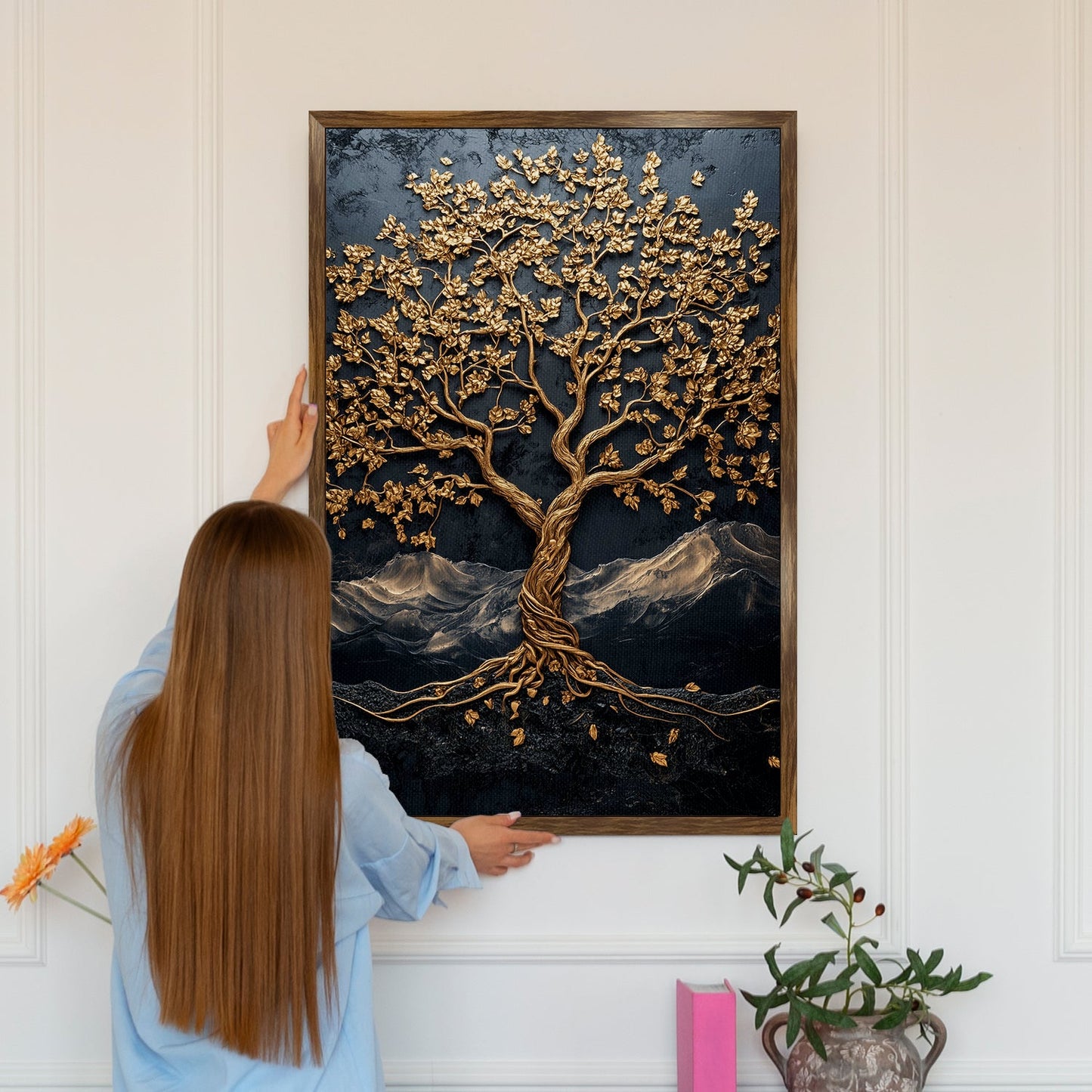 Abstract Golden Lucky Wish Tree Vastu Canvas Painting