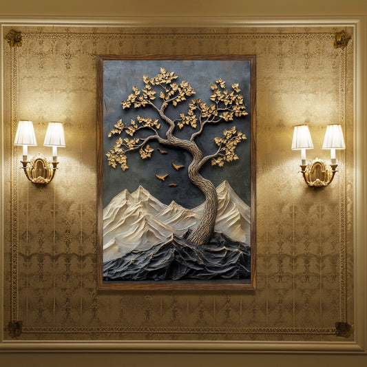 Abstract Golden Lucky Wish Tree Vastu Canvas Painting