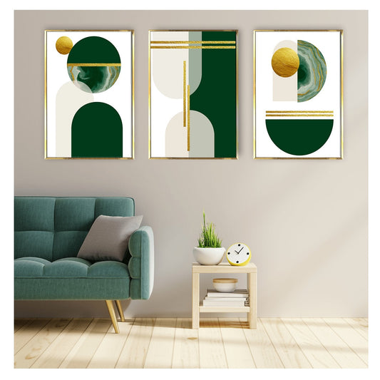 Abstract geometric Shape Dark Emerald Green and Gold Canvas Painting (3_Panels)