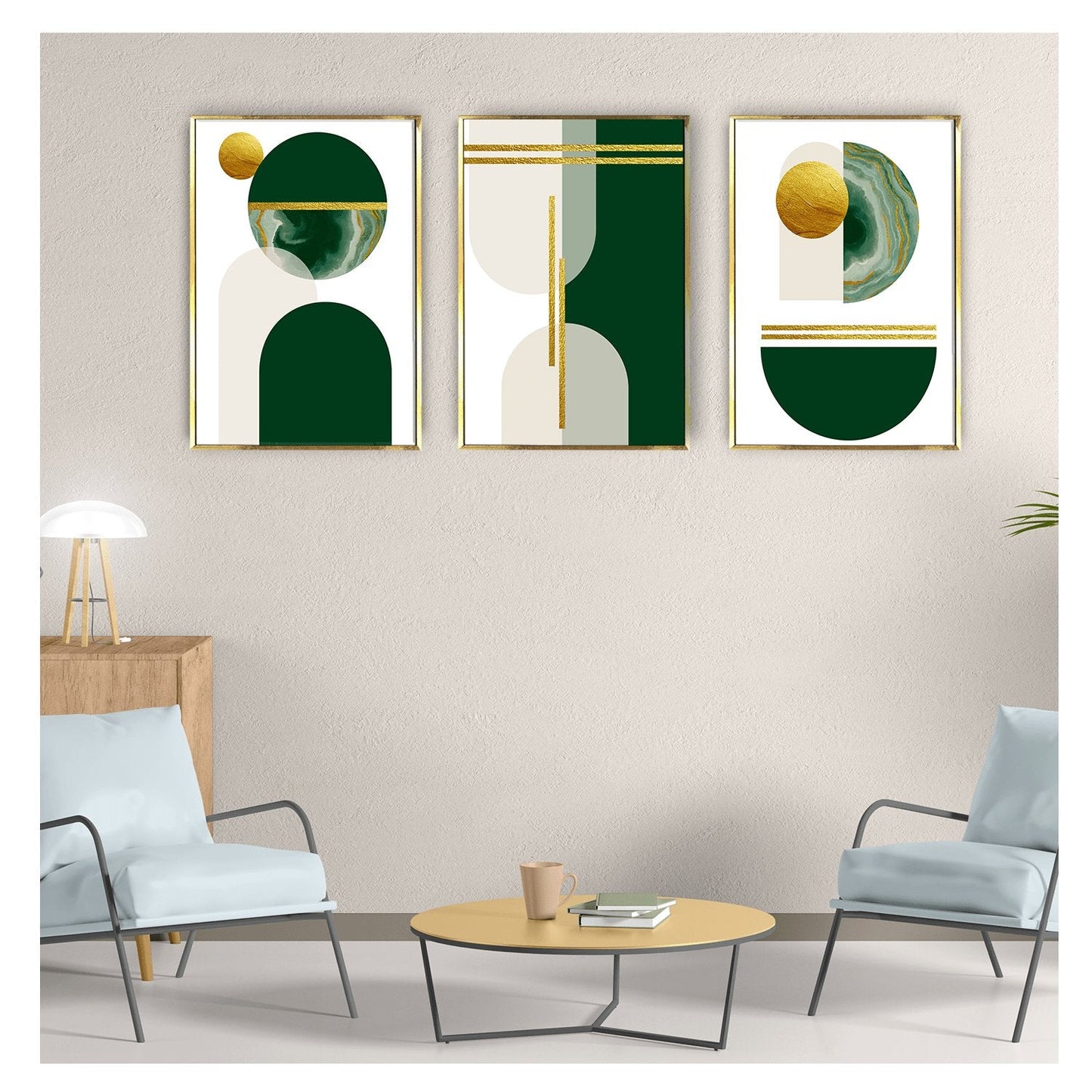 Abstract geometric Shape Dark Emerald Green and Gold Canvas Painting (3_Panels)