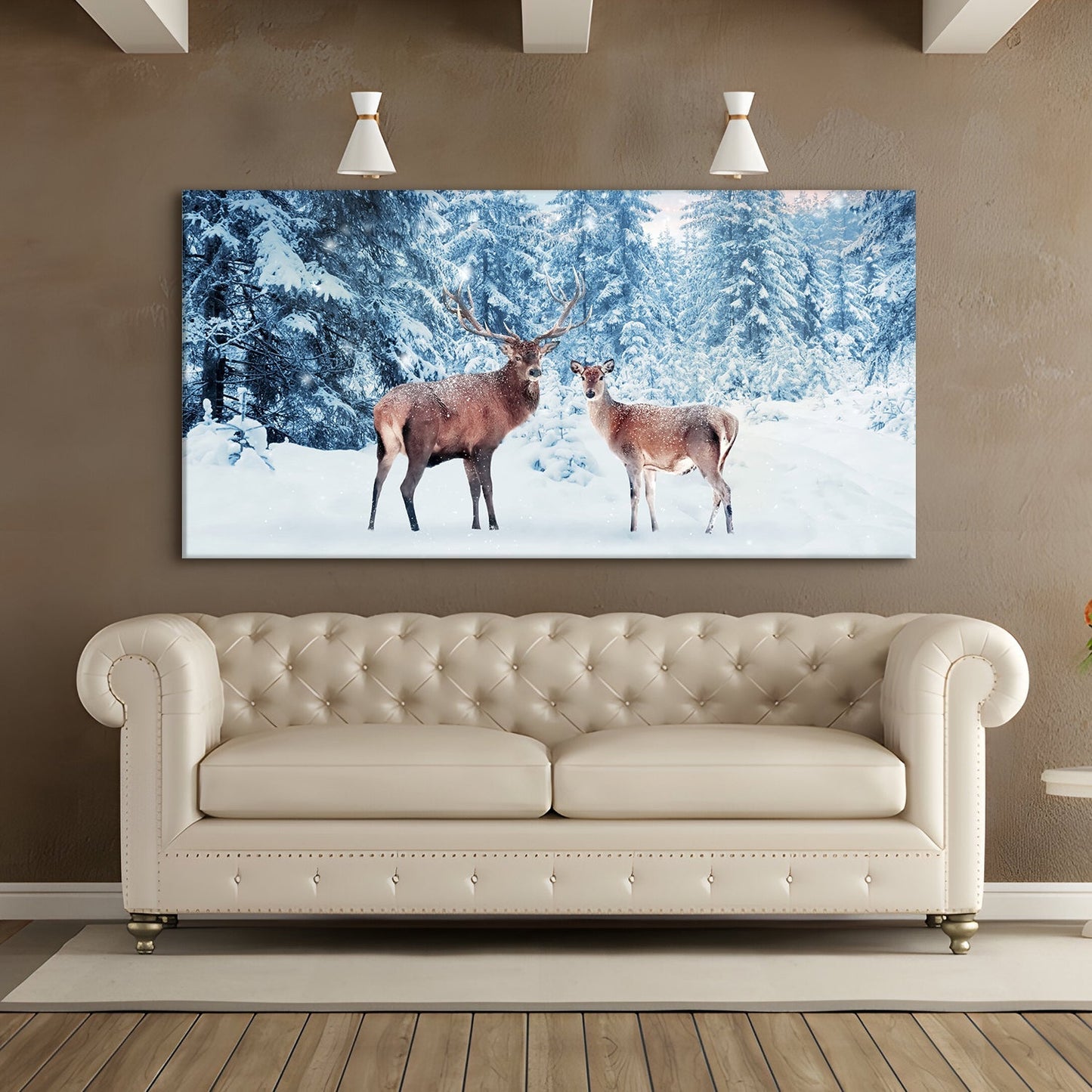 Family of noble deer in a snowy winter forest Canvas Wall Art Painting