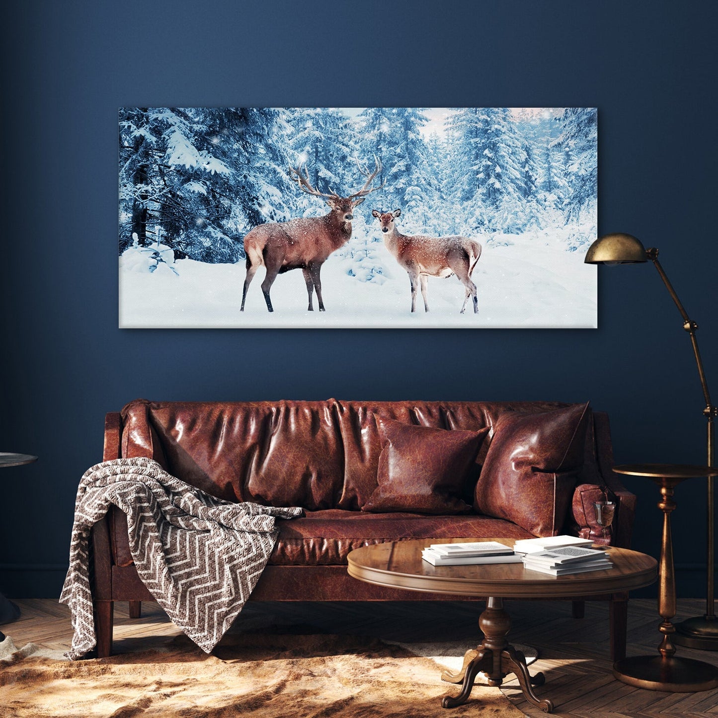 Family of noble deer in a snowy winter forest Canvas Wall Art Painting