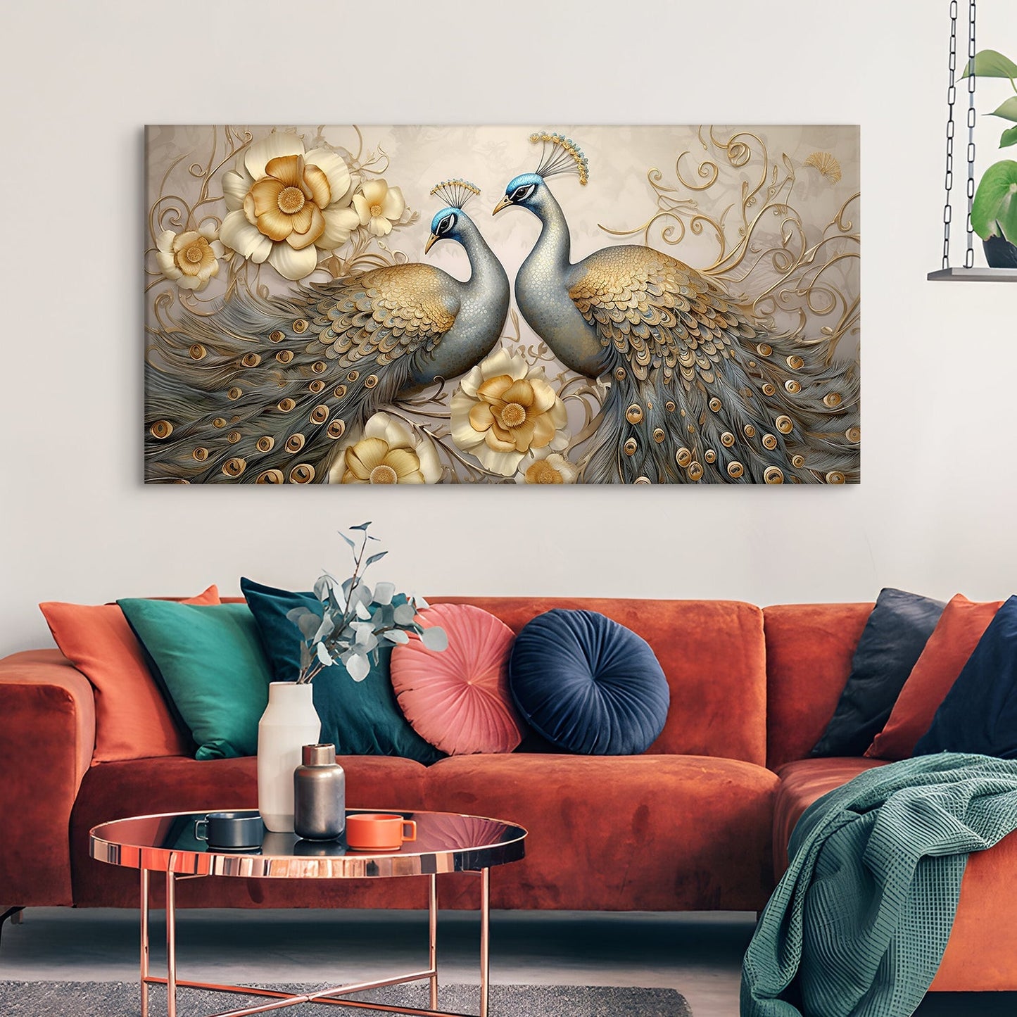 Peacock Tapestry Vintage Golden Canvas Wall Art Painting