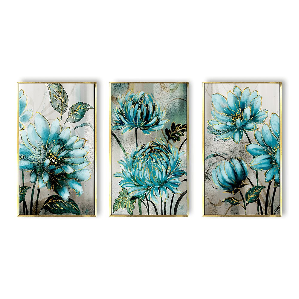Blue Flowers Golden Lac Noble Modern Nordic Canvas Painting For Living Room Wall Decoration