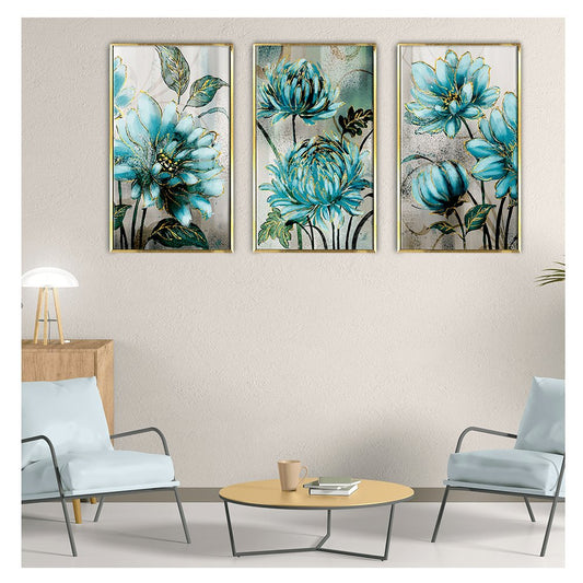 Blue Flowers Golden Lac Noble Modern Nordic Canvas Painting For Living Room Wall Decoration