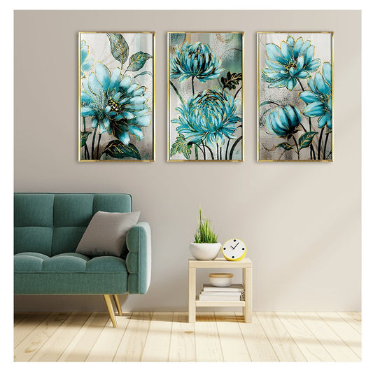 Blue Flowers Golden Lac Noble Modern Nordic Canvas Painting For Living Room Wall Decoration
