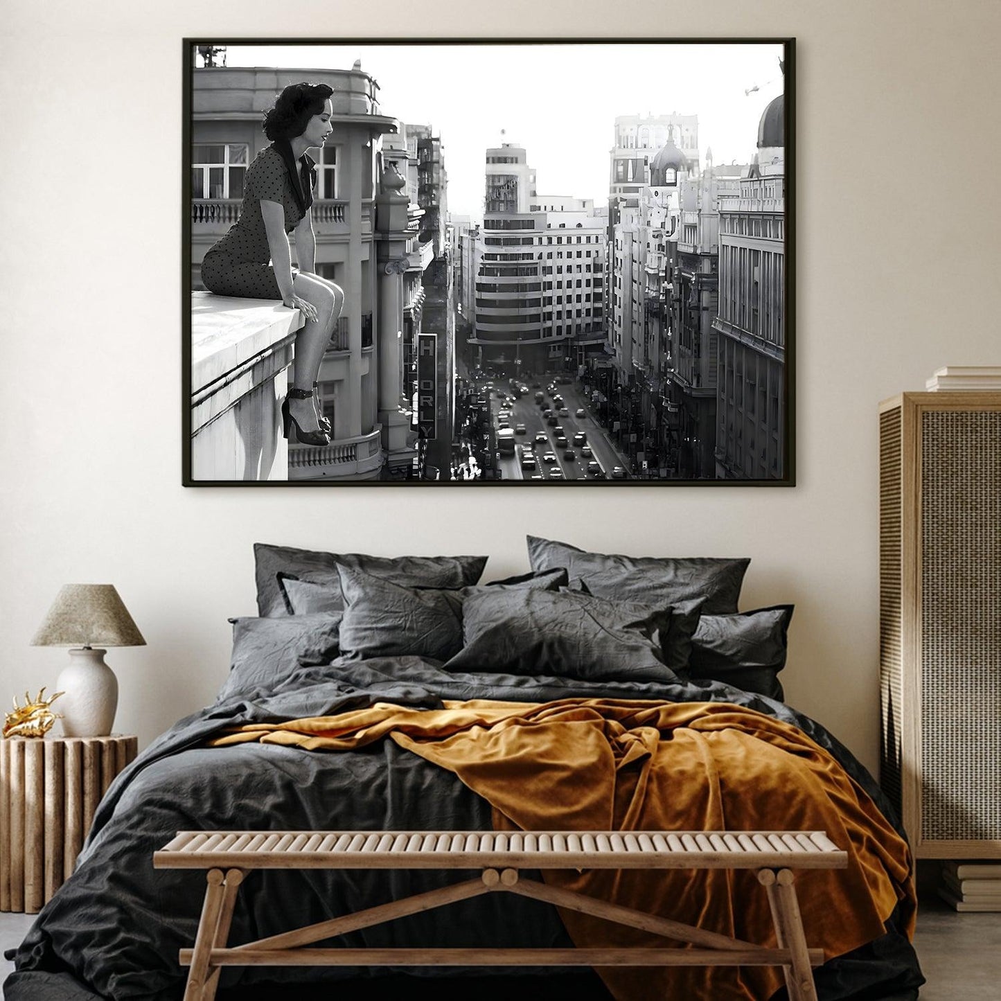 Woman on Ledge Wall Art – Timeless Urban Black & White
