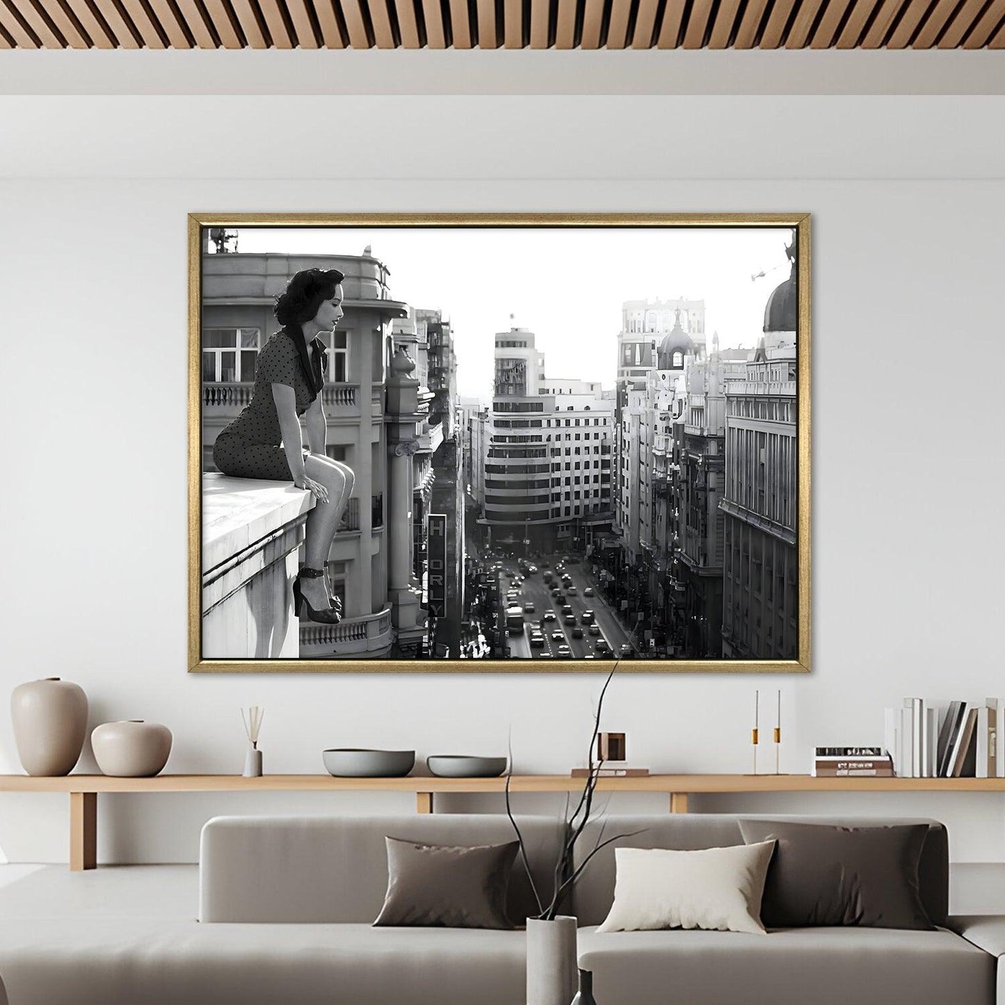 Woman on Ledge Wall Art – Timeless Urban Black & White