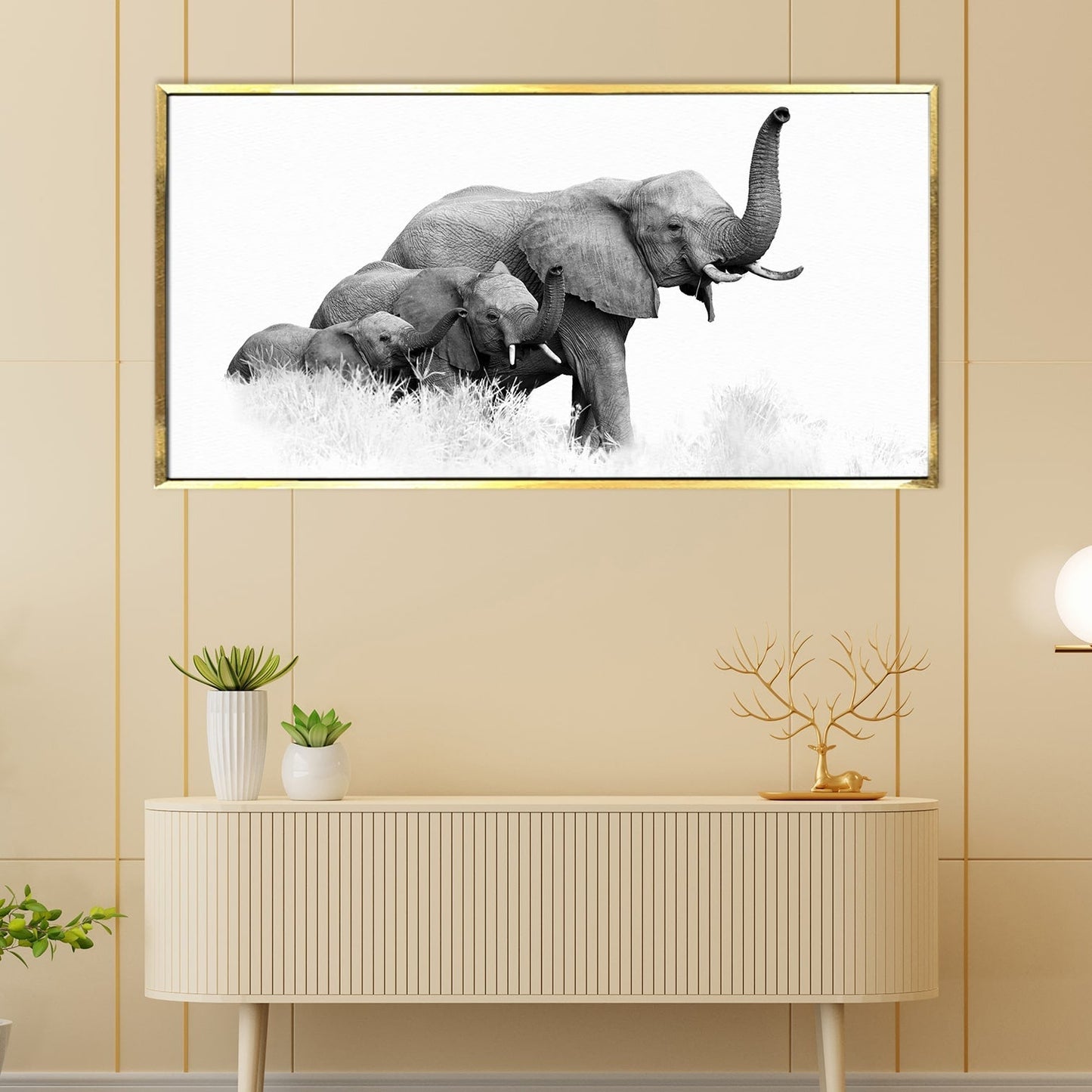 Elephant Vastu Wildlife Canvas Wall Painting Framed 18x36 Inch