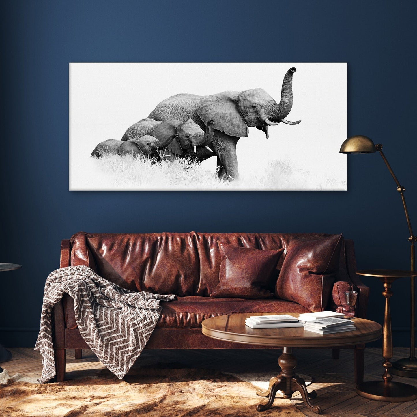 Elephant Vastu Wildlife Canvas Wall Painting Framed 24 x 48 Inch