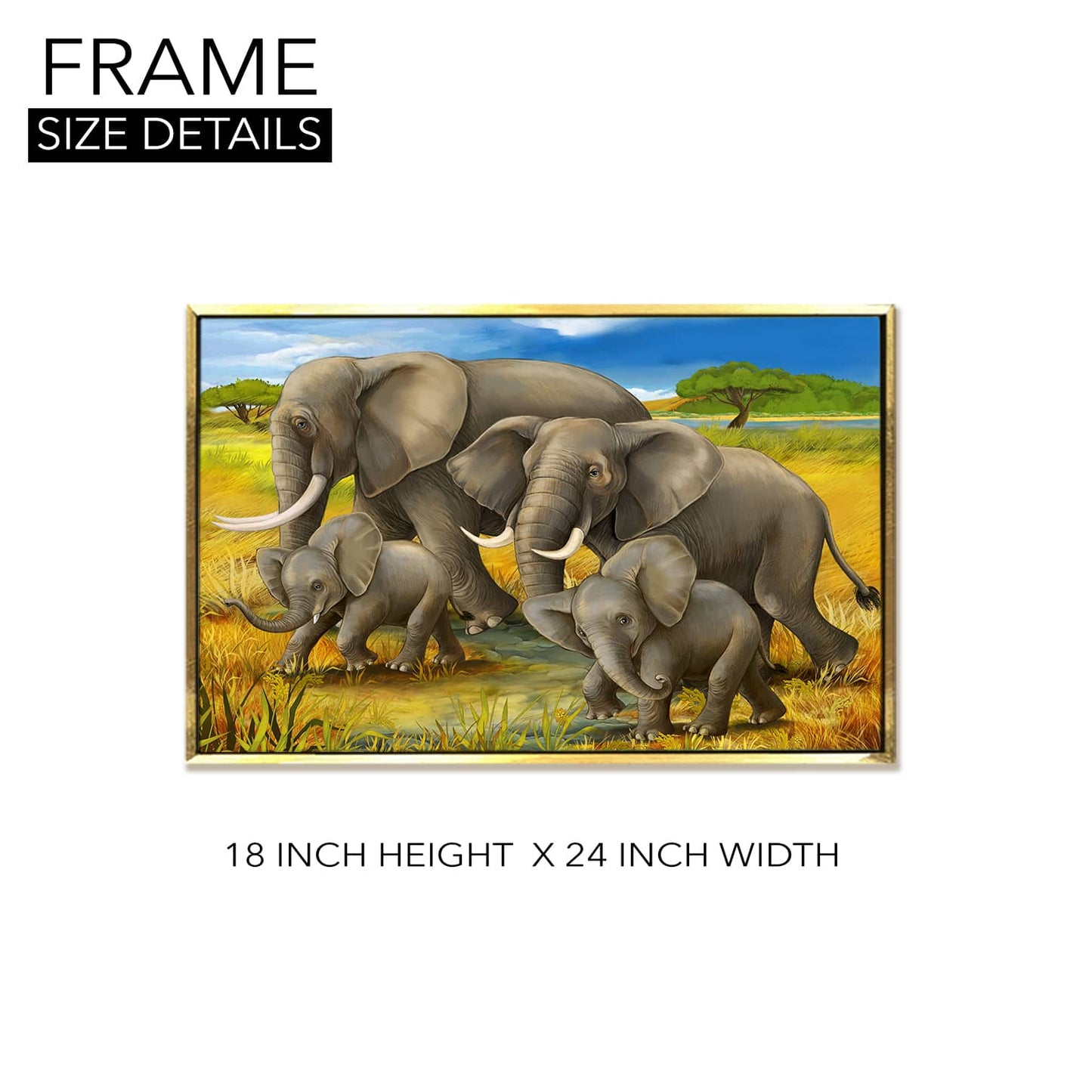 Elephants With Their Babies Vastu Canvas Painting Framed 18x24 Inch