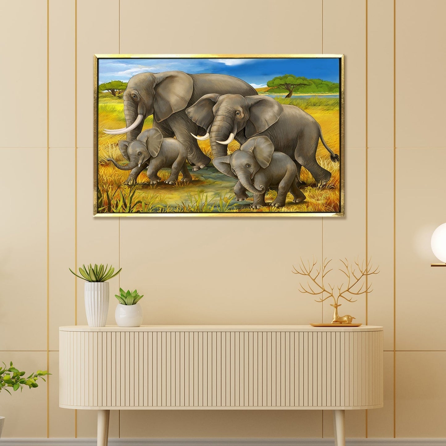 Elephants With Their Babies Vastu Canvas Painting Framed 18x24 Inch