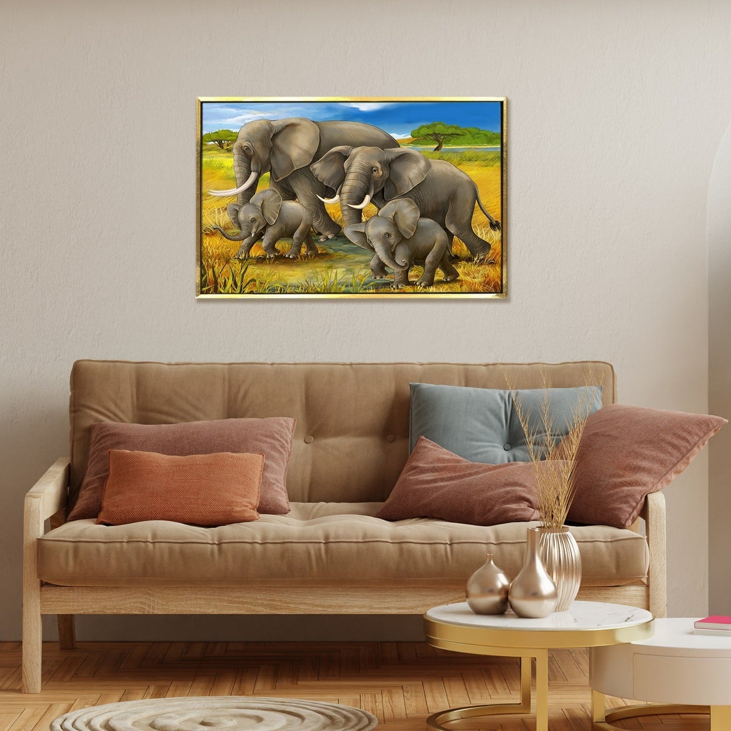 Elephants With Their Babies Vastu Canvas Painting Framed 18x24 Inch