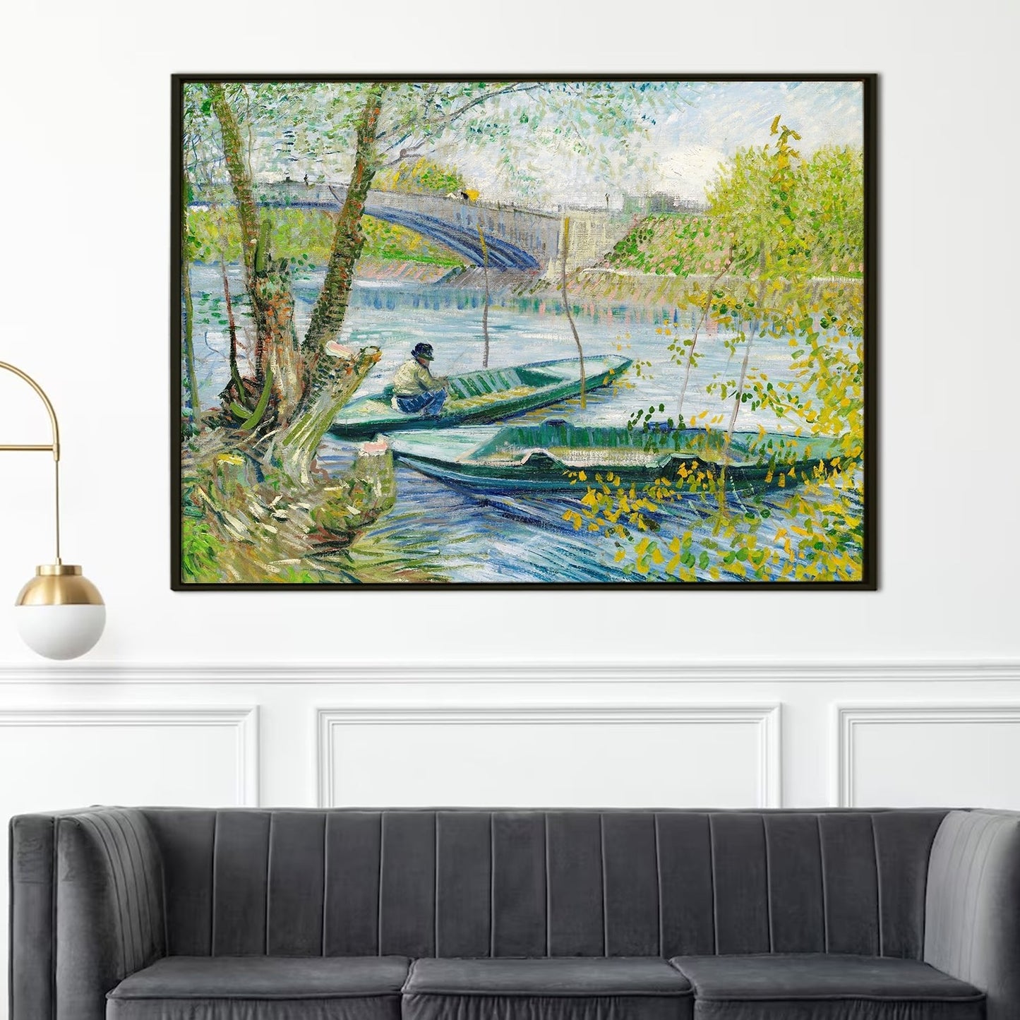 Fishing Boat and Bridge Canvas Wall Art Large Size by Vincent Van Gogh Framed Artwork For Office Living Room Bedroom Home Décor (VAWA08).