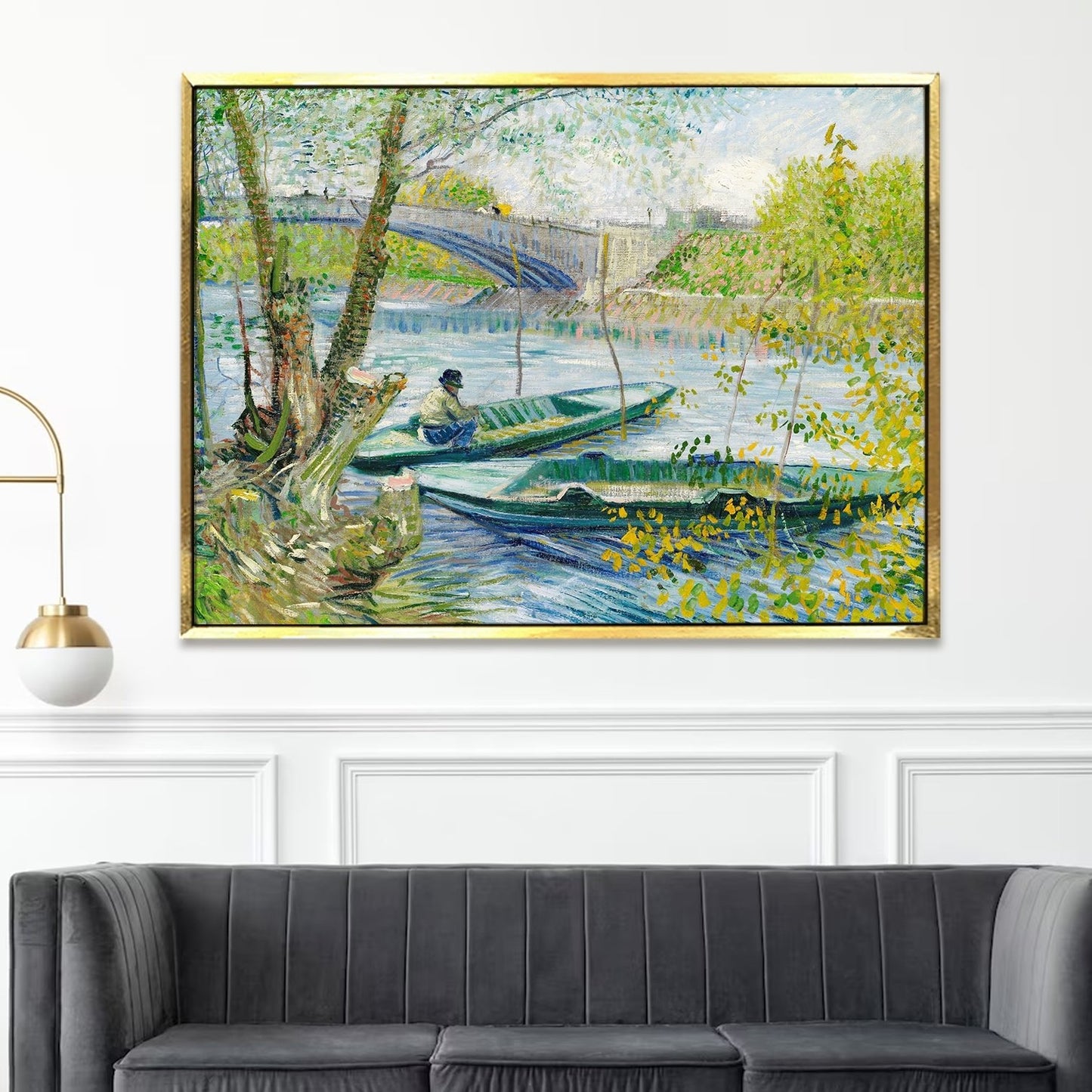 Fishing Boat and Bridge Canvas Wall Art Large Size by Vincent Van Gogh Framed Artwork For Office Living Room Bedroom Home Décor (VAWA08).