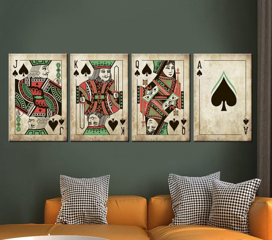 Gaming room, Poker Cards Set Large Canvas Painting, Framed. Set of 4 Spades cards.