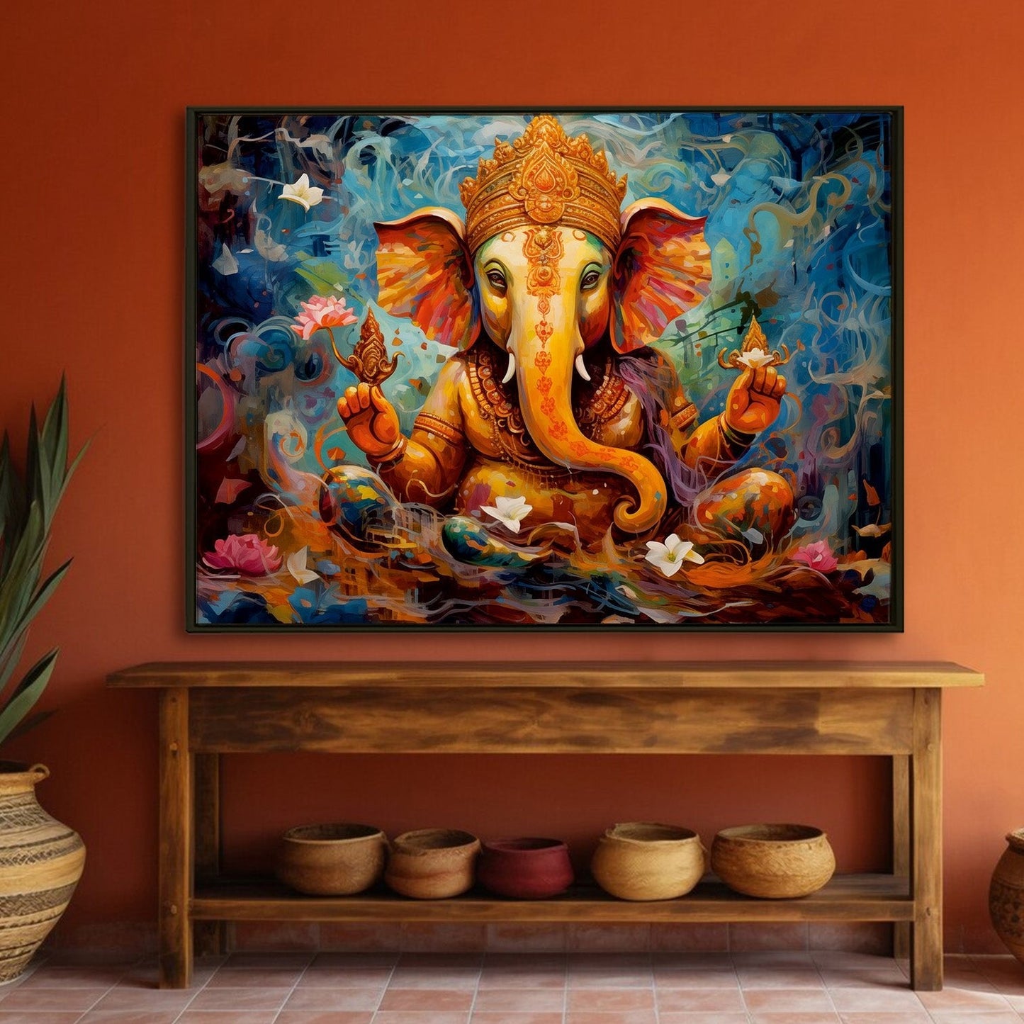 Large sized framed Lord Ganesha canavs painting for home and office. (GNWA02)