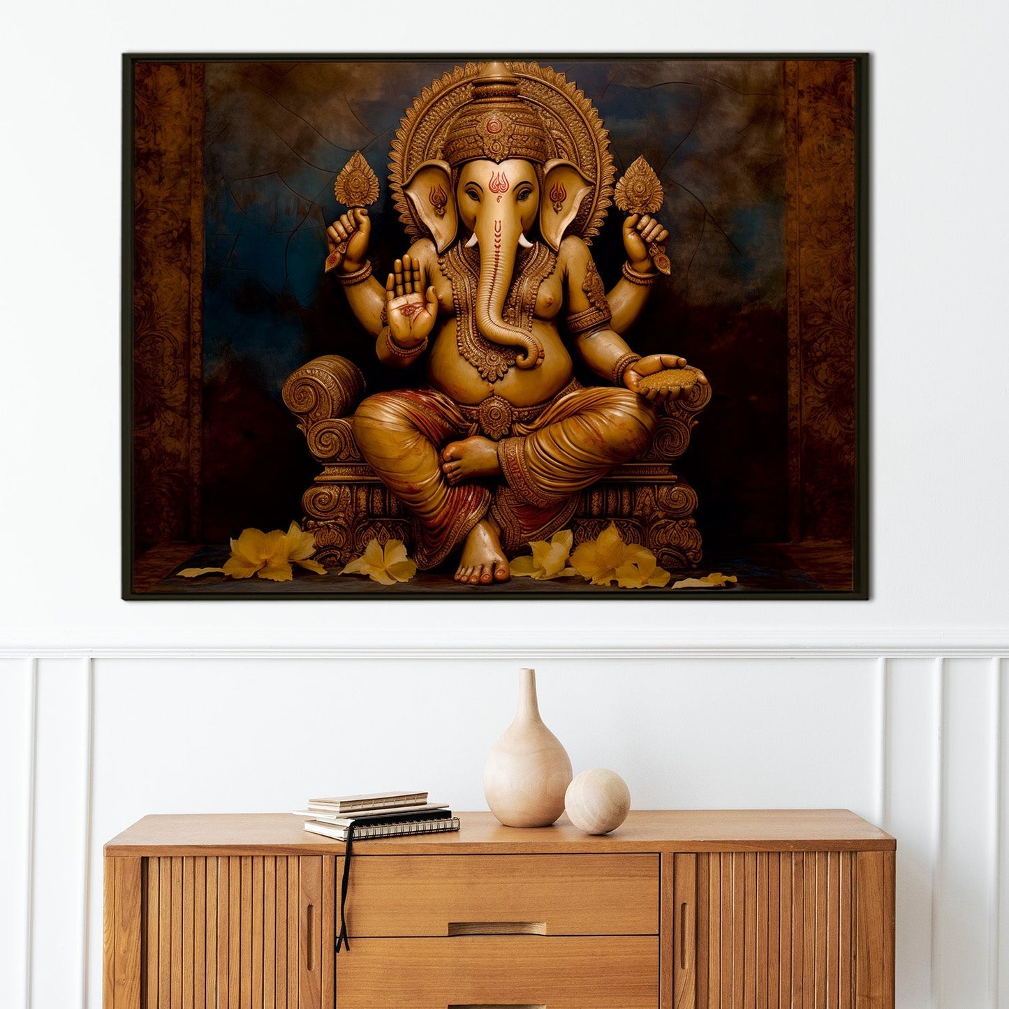 Large sized framed Lord Ganesha canvas painting for home and office. (GNWA04)