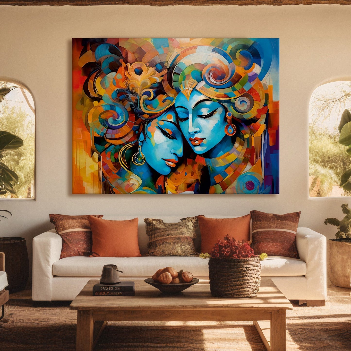 colorful depiction of Radha and Krishna canvas wall art painting