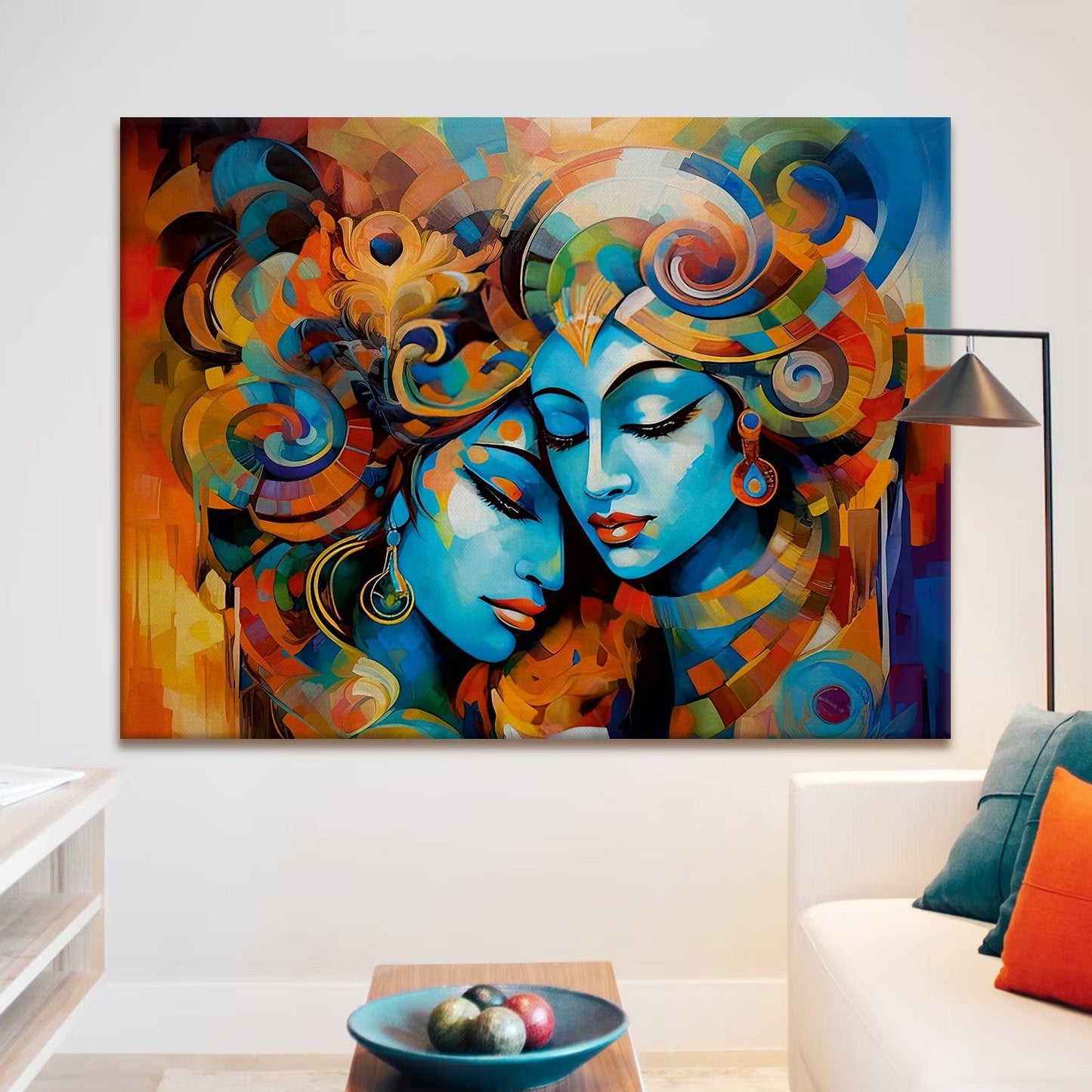 colorful depiction of Radha and Krishna canvas wall art painting