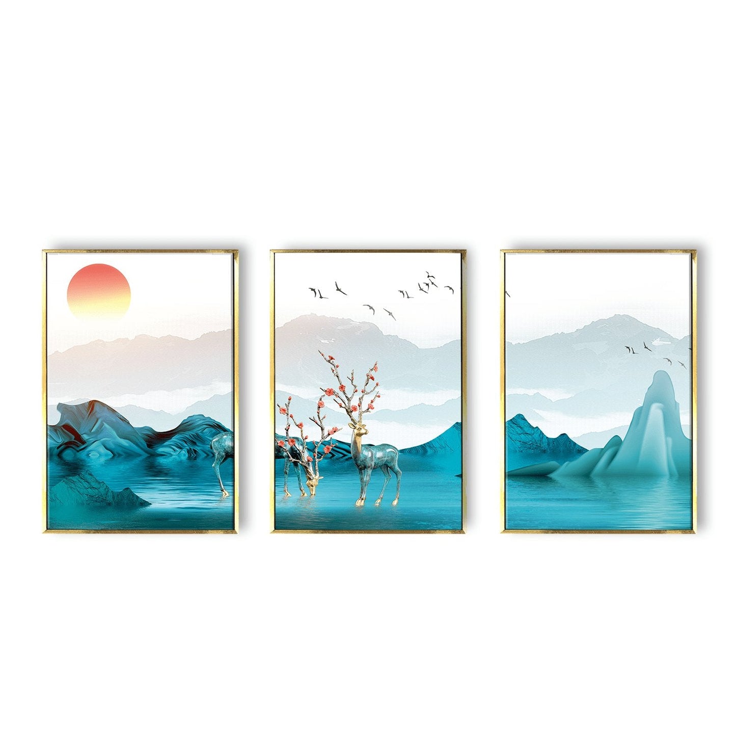 Luxury deer, mountains and flocks of birds Wall art painting for living Room Wall decor