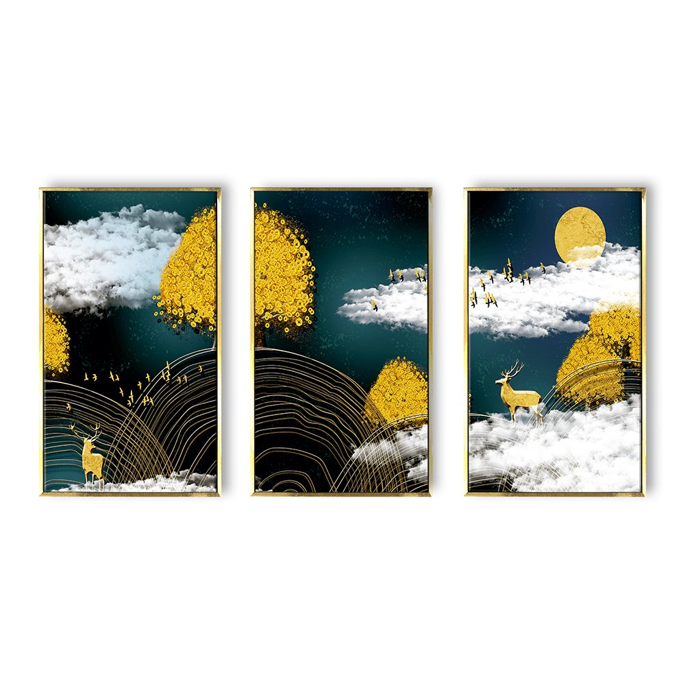 Night Golden Tree & Deer Canvas Wall Art Painting