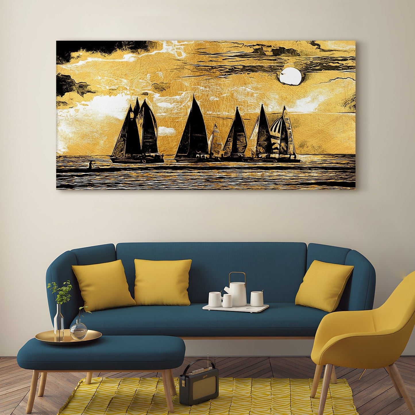 Sailboat under gold sand Canvas Wall Art Paintings.