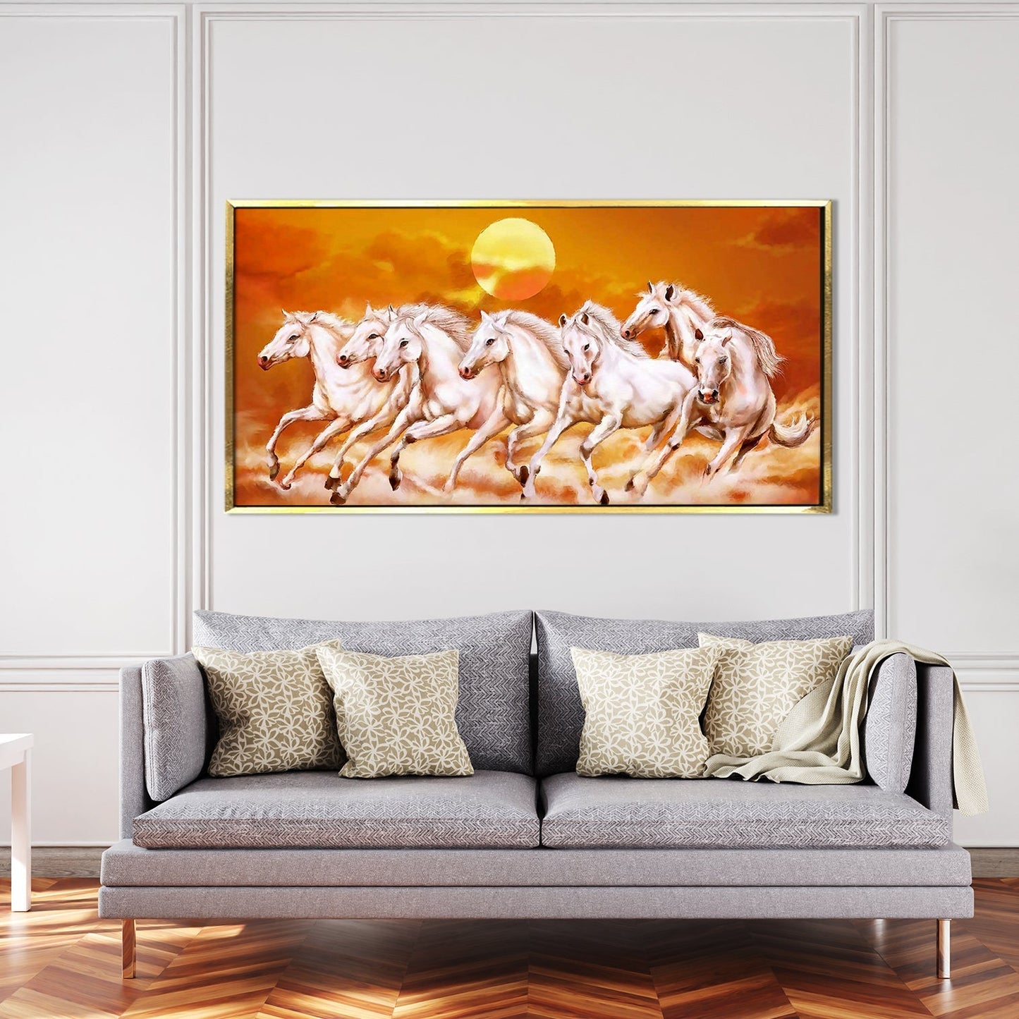 Seven Running Horses Vastu Canvas Paintings Framed For Living Room Wall Decoration (VAWA06)