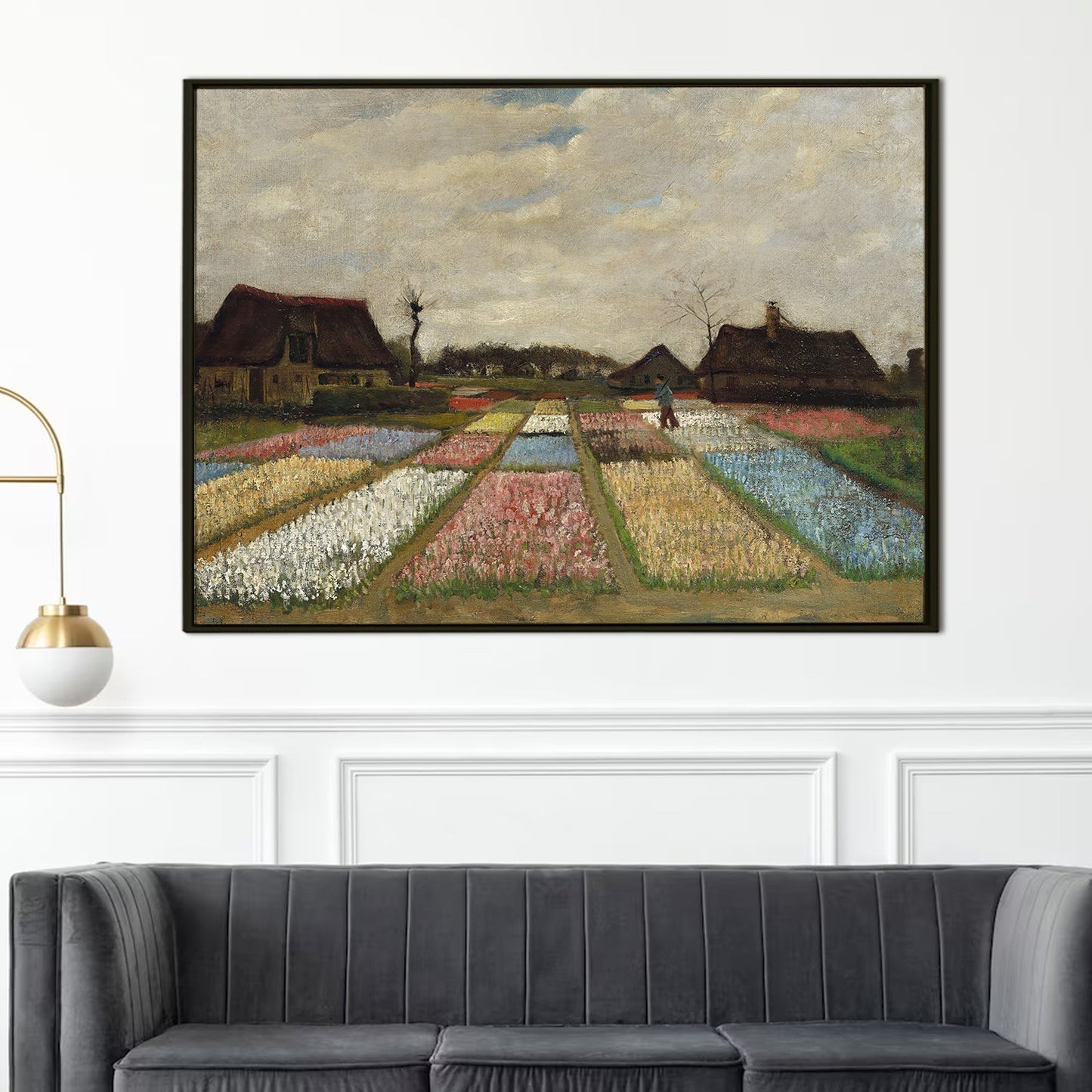 Vintage Van Gogh Canvas Framed Wall Art Large Size - Retro Bulb Fields Paintings - Flower Beds in Holland Art for Bedroom, Living Room Home Decor (VAWA03).