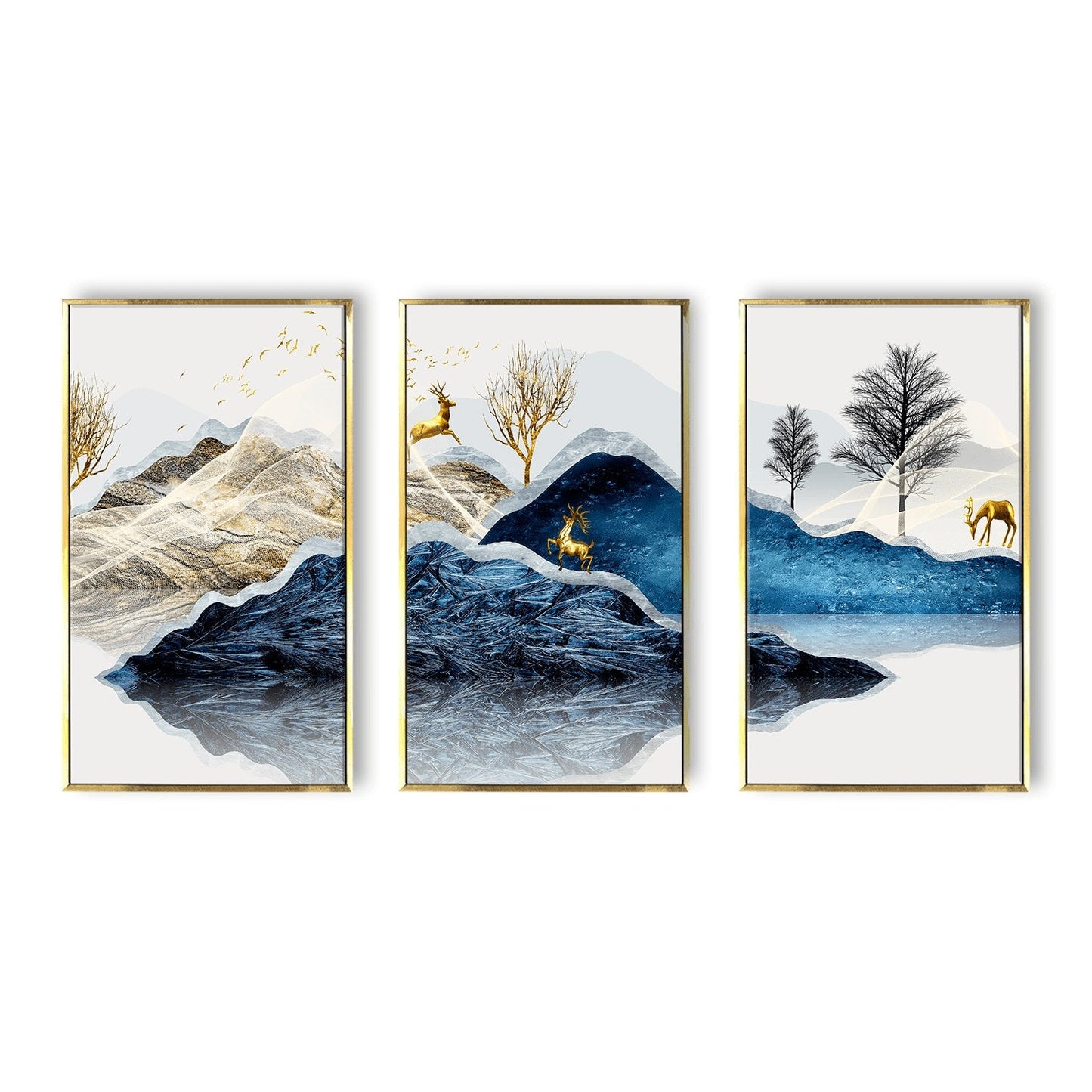 Yellow tree and deer on the Mountain Canvas Painting for hone and office Wall decoration