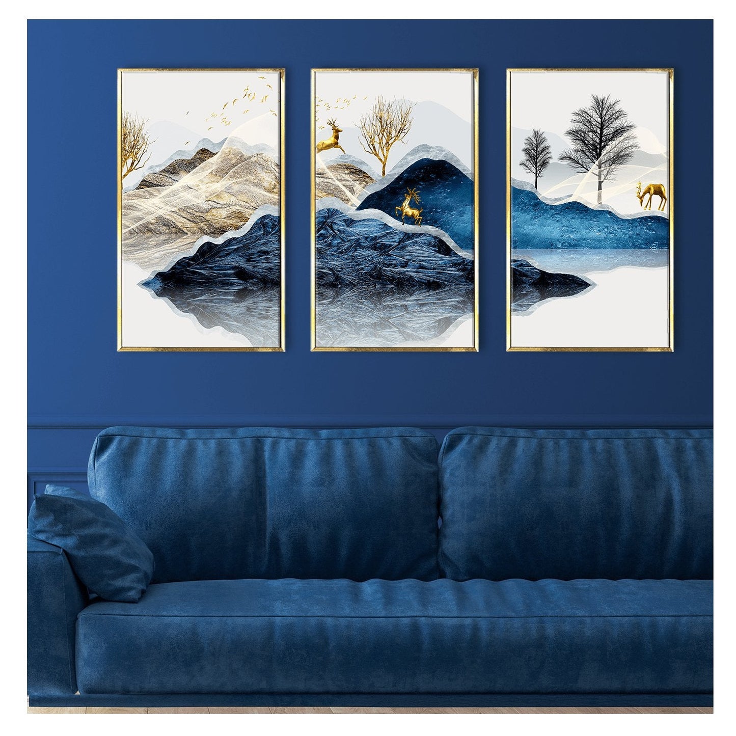 Yellow tree and deer on the Mountain Canvas Painting for hone and office Wall decoration