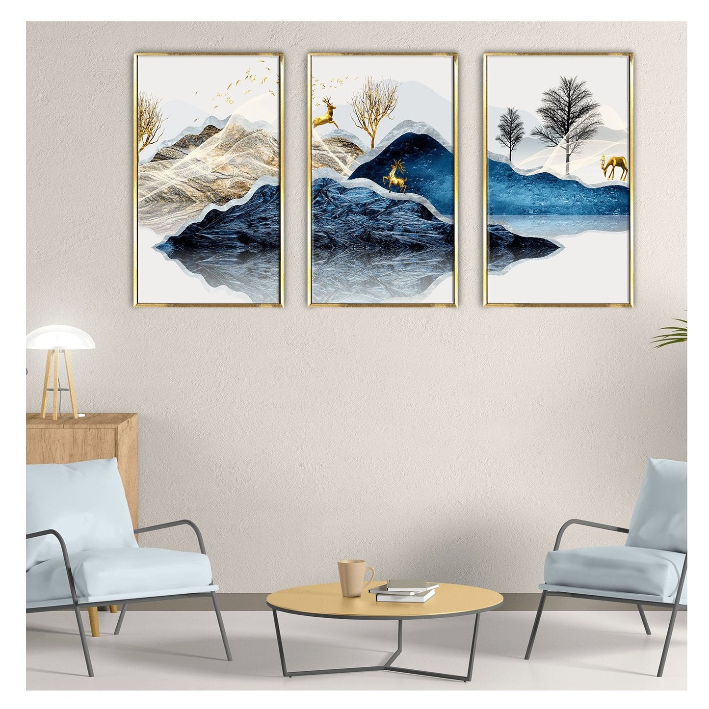 Yellow tree and deer on the Mountain Canvas Painting for hone and office Wall decoration