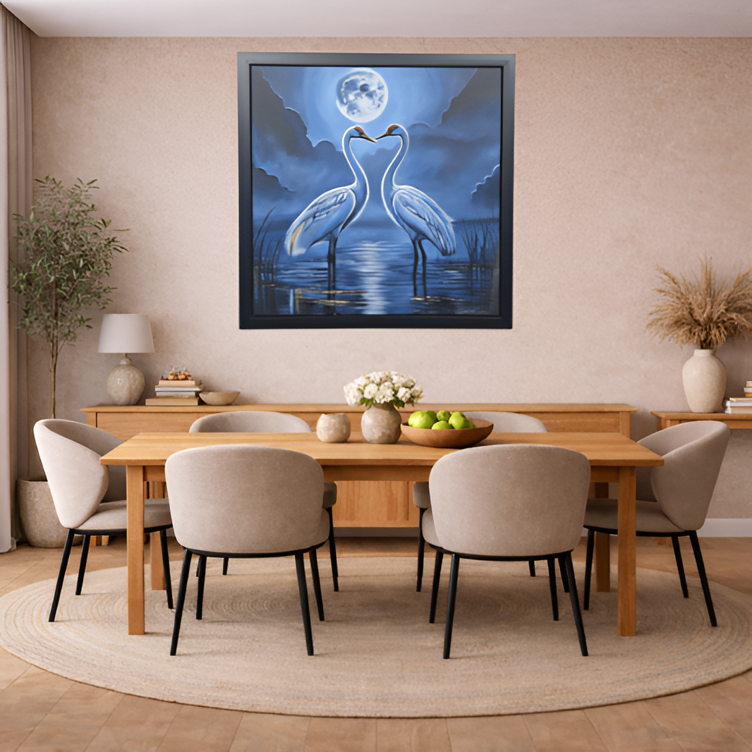 Moonlit Cranes Hand Painting for Elegant Wall Decor