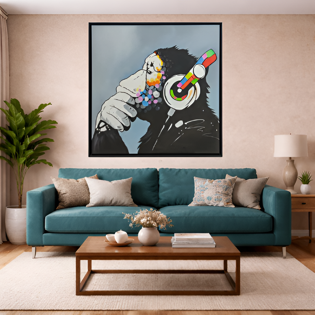 Chimpanzee Listening Music Hand Painting Wall Art