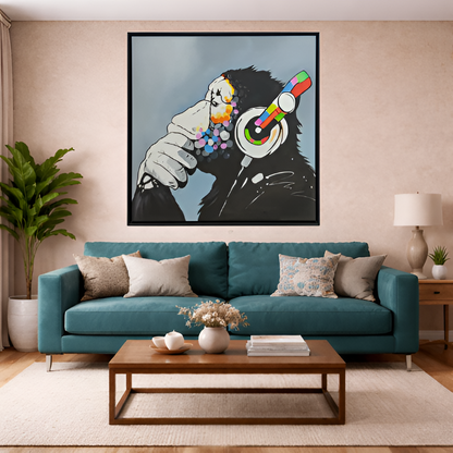 Chimpanzee Listening Music Hand Painting Wall Art