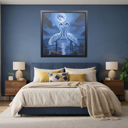 Moonlit Cranes Hand Painting for Elegant Wall Decor