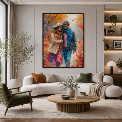 Autumn Stroll Couple Canvas Wall Art – Romantic Fall Scene Decor