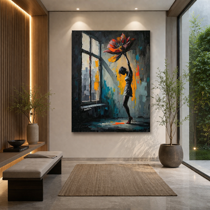 Girl with Blooming Flower Canvas Wall Art – Modern Abstract Decor