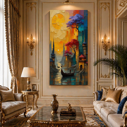 Golden Passage Sunset Canal City Vertical Wall Art Decor