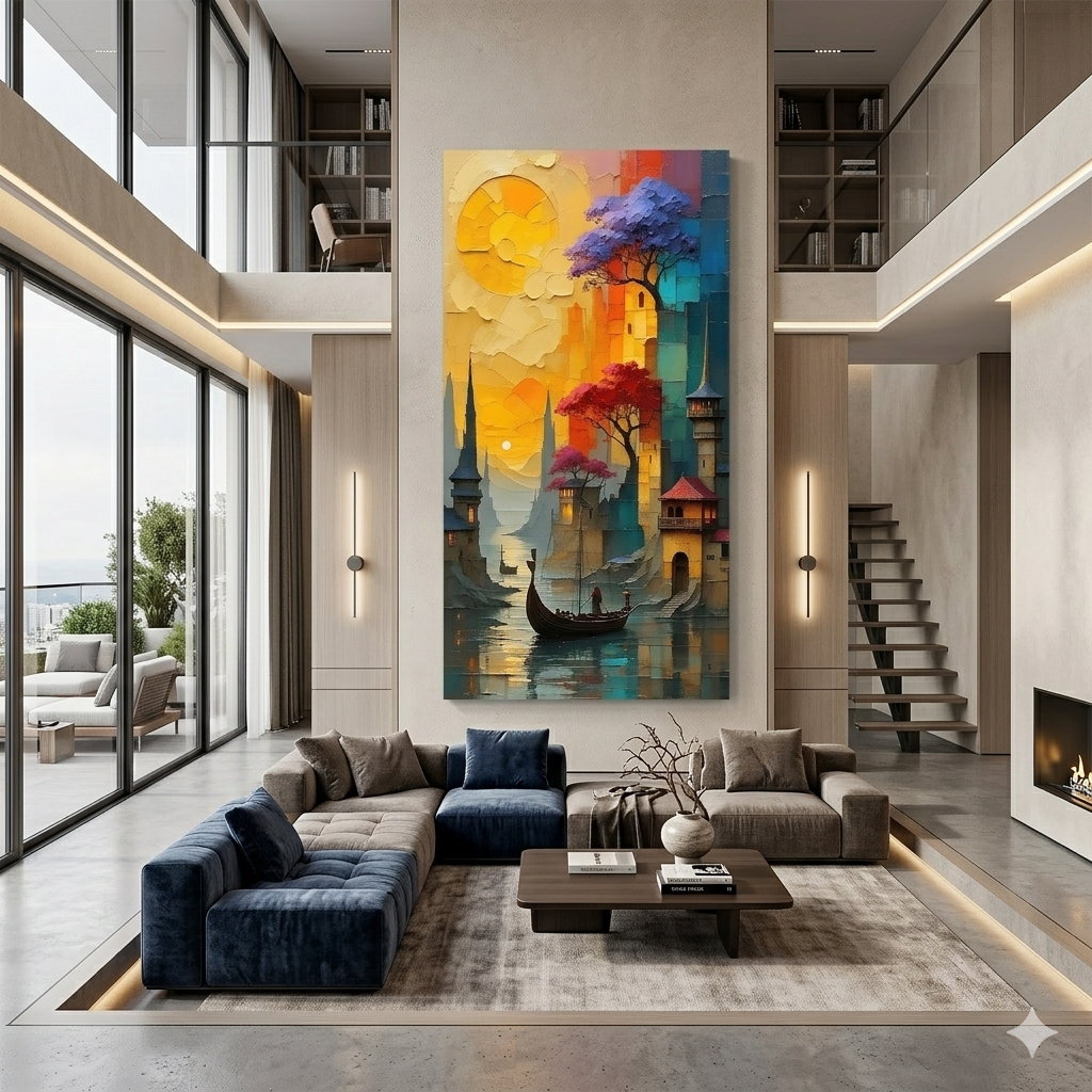 Golden Passage Sunset Canal City Vertical Wall Art Decor