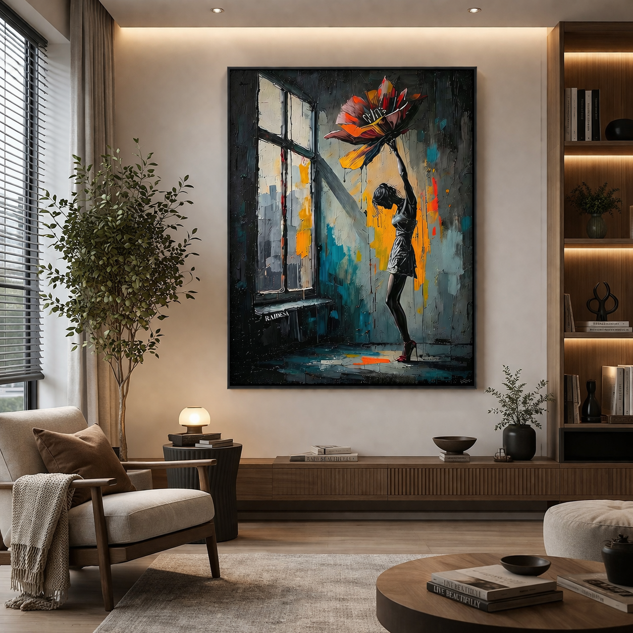 Girl with Blooming Flower Canvas Wall Art – Modern Abstract Decor