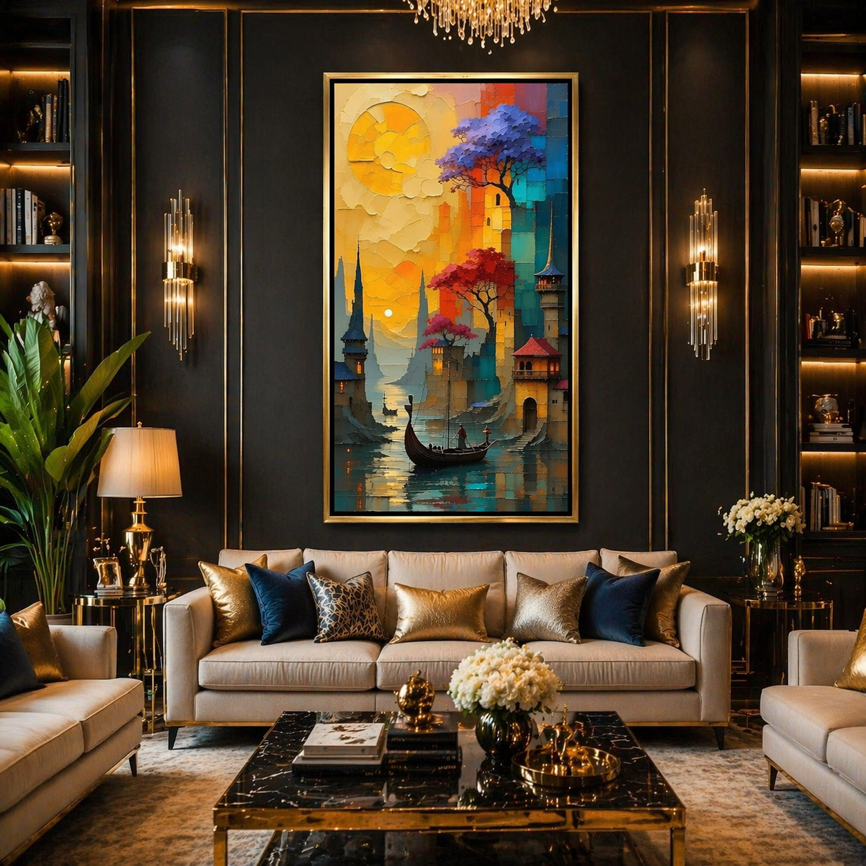 Golden Passage Sunset Canal City Vertical Wall Art Decor