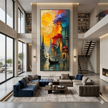 Golden Passage Sunset Canal City Vertical Wall Art Decor