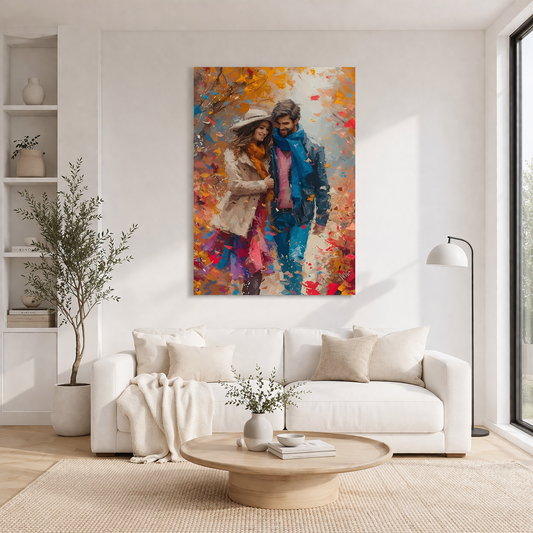 Autumn Stroll Couple Canvas Wall Art – Romantic Fall Scene Decor