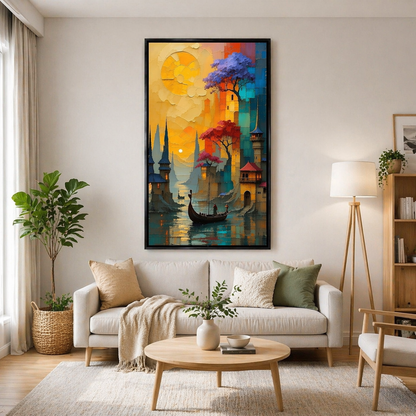 Golden Passage Sunset Canal City Vertical Wall Art Decor