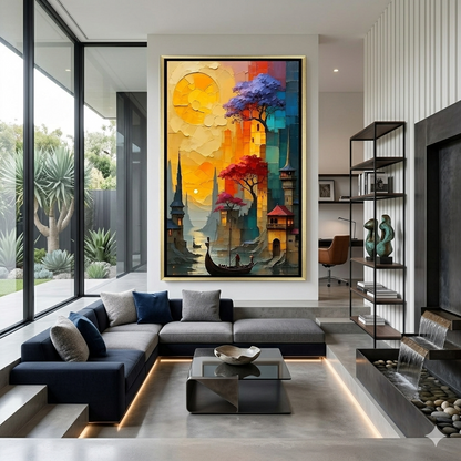 Golden Passage Sunset Canal City Vertical Wall Art Decor
